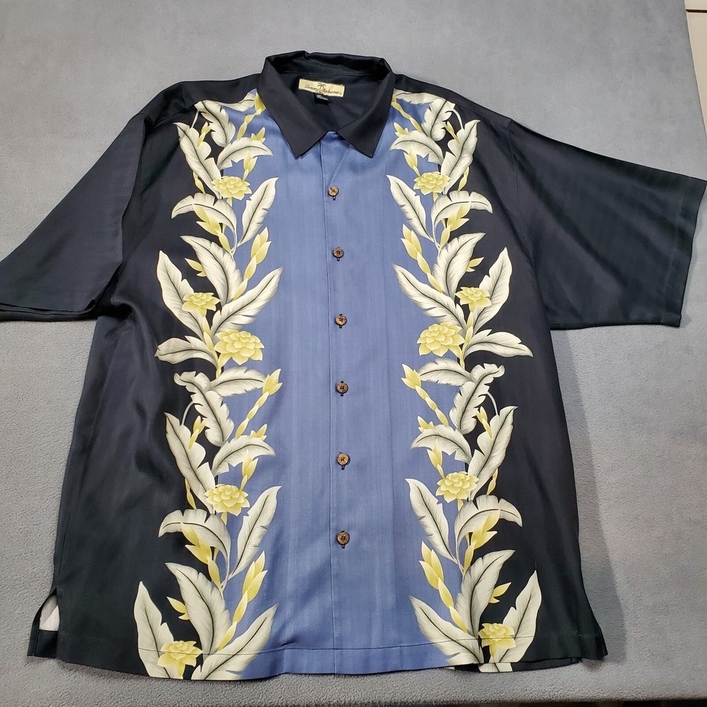 Tommy Bahama Shirt Mens Large Blue Black Floral Silk Short Sleeve Camp Beach
